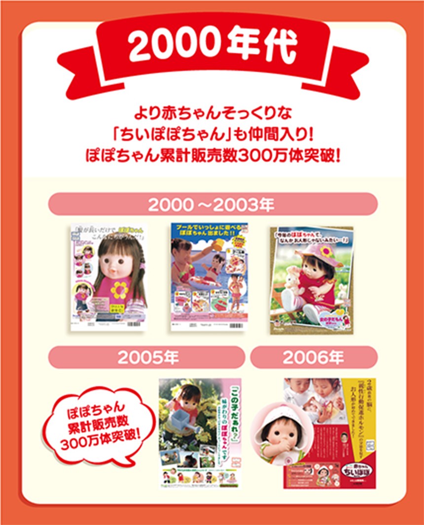 2000年代 より赤ちゃんそっくりな「ちいぽぽちゃん」も仲間入り！ぽぽちゃん累計販売数300万体突破！